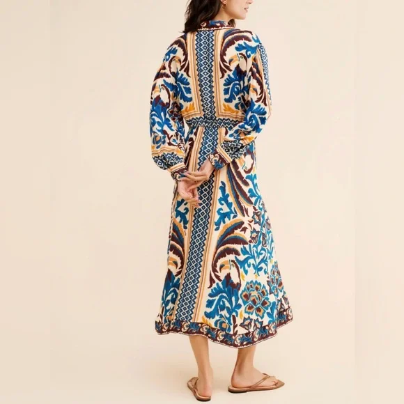 Farm Rio / New Toucan Scarf Sand Midi Dress / Boho Elegant Maxi Dress - Picture 2 of 3